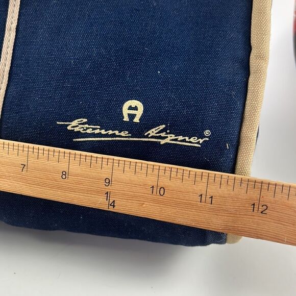 Vintage Etienne Aigner blue Large Shoulder Bag Canvas Tan - Picture 4 of 11